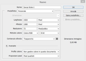 Finestra dialogo menu Nuovo Photoshop CC